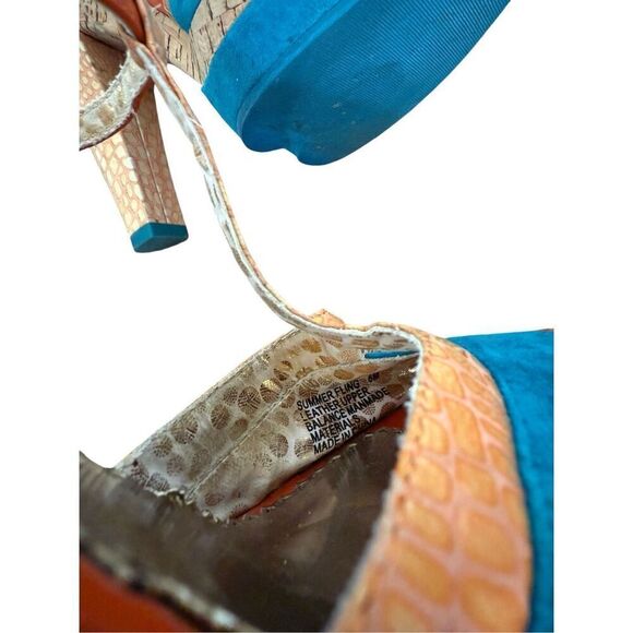 Poetic License London Orange Teal Peep Toe T-Strap Summer Fling Heels 8 - Picture 6 of 13